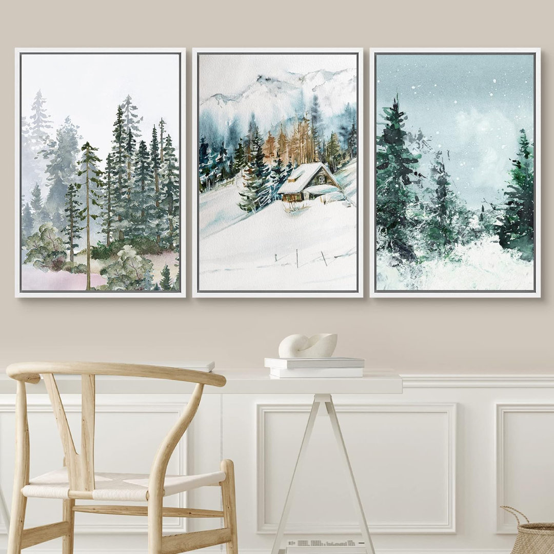 Woodland Forest Landscape " Winter Snow Pine Tree Forest Cabin " 3 - Pieces IDEA4WALL 