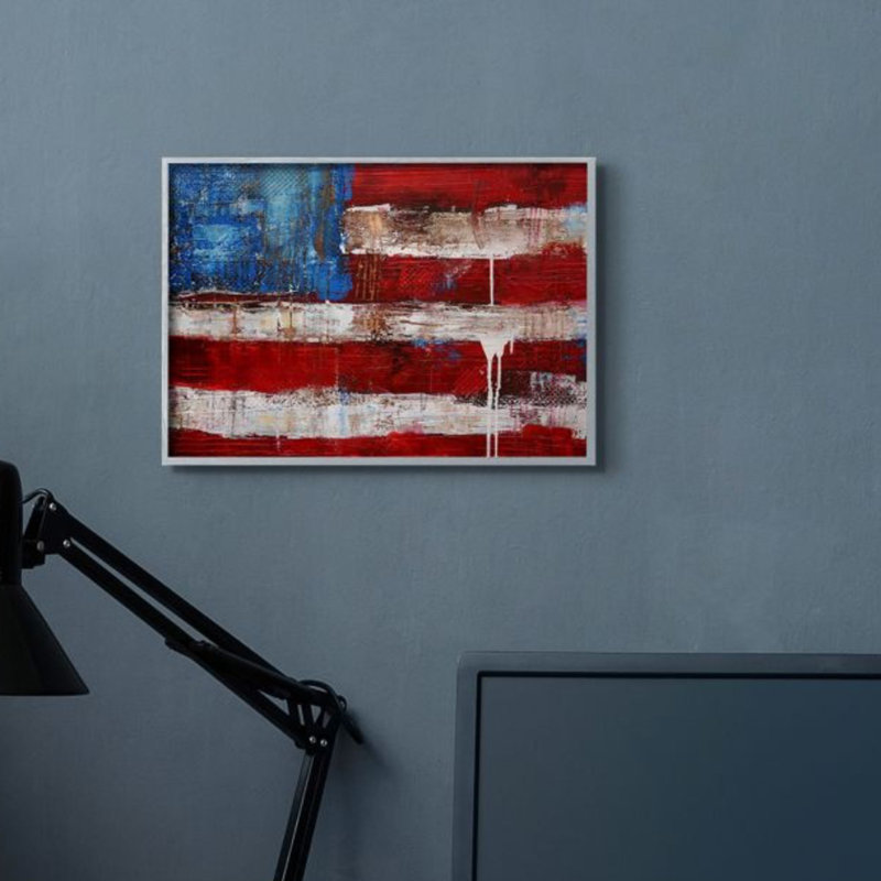 «Rustic United States Flag with Dist Paint Paint Drip» par Erin Ashley - reproduction d'art, Giclée encadrée noir minuit