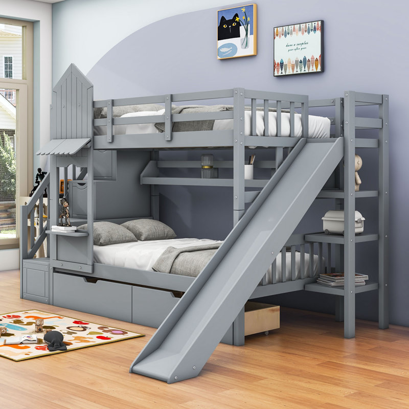 2 Drawers Bunk Bed with Storage Stairs, Slide and Shelves, Twin over Twin, Gray