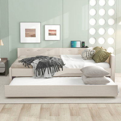 Grand lit plateforme tapissier avec lit gigogne simple et USB