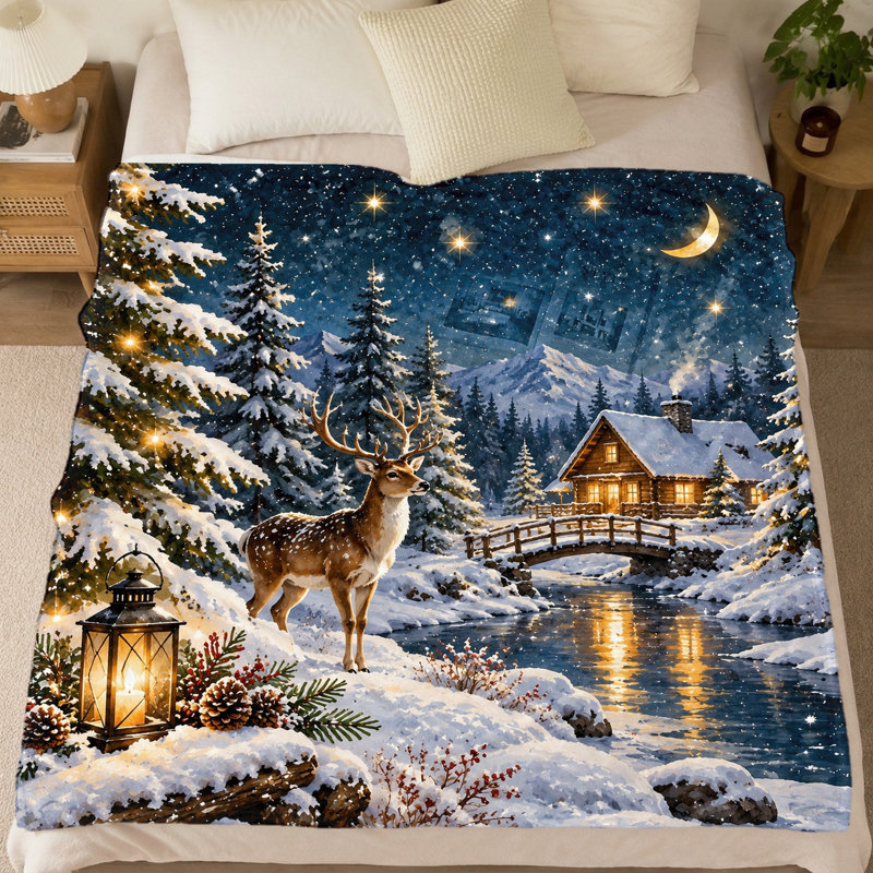 Couverture polaire imprimée cerfs pour chalet d'hiver (1 pièce) – Douce, chaude et légère ; idéal pour le divan, le lit et l'extérieur. Décoration festive pour les fêtes. Lavable à la machine. Entretien facile. Un beau cadeau pour tous les âges. Convient à la literie et au canapé.