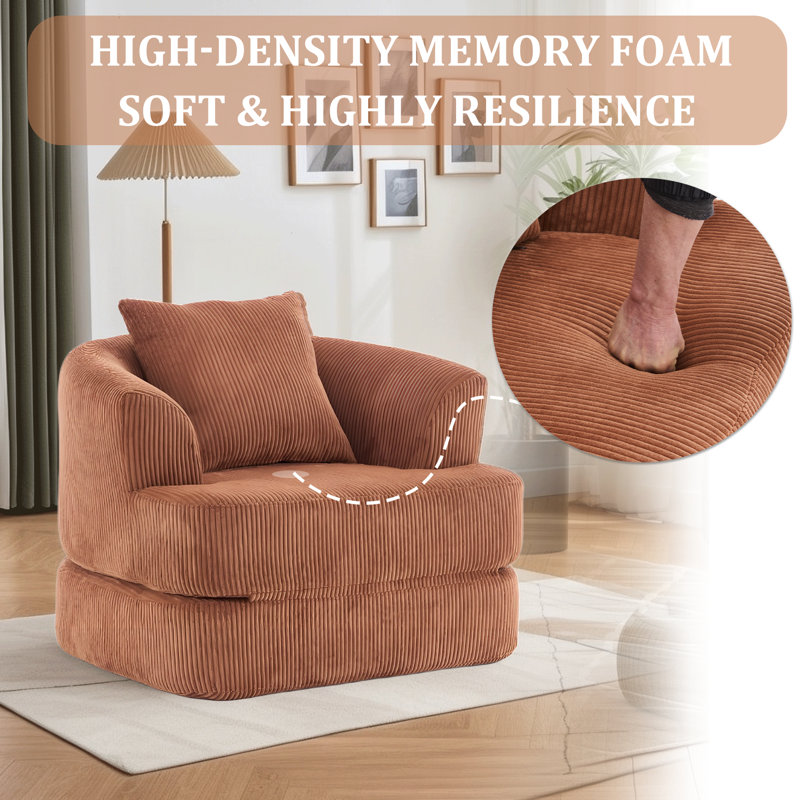 Oversized Upholstered Convertible Accent Barrel Chair, Orange Corduroy