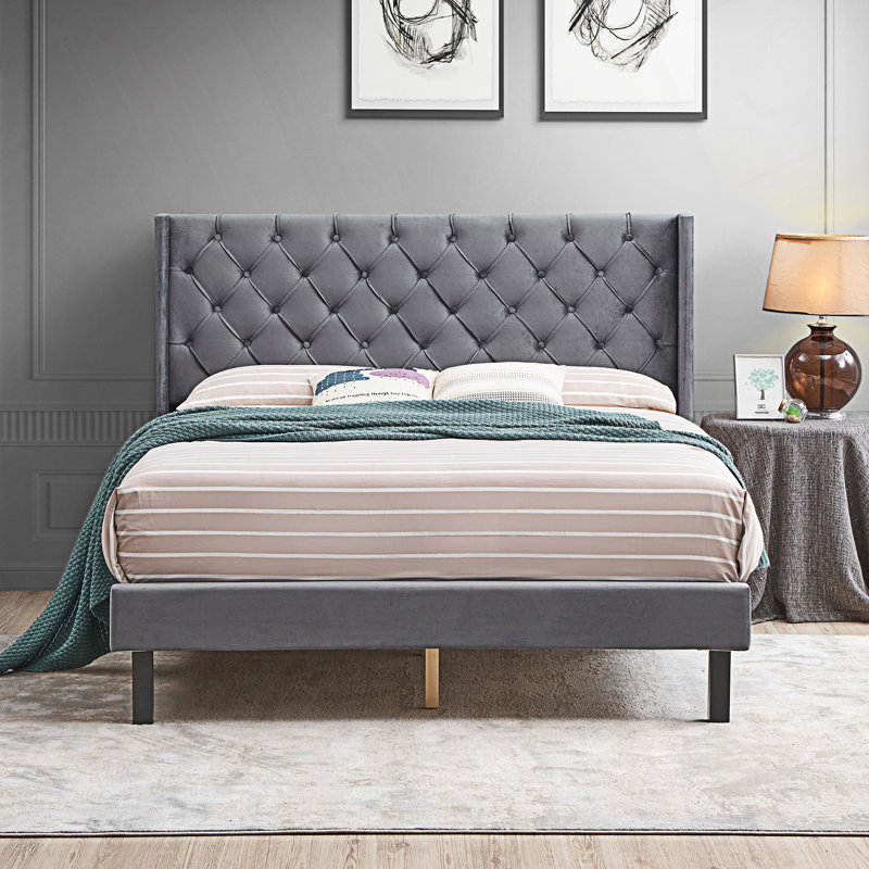 Contemporary Button Tufted-Upholstered Bed With Wings Design
