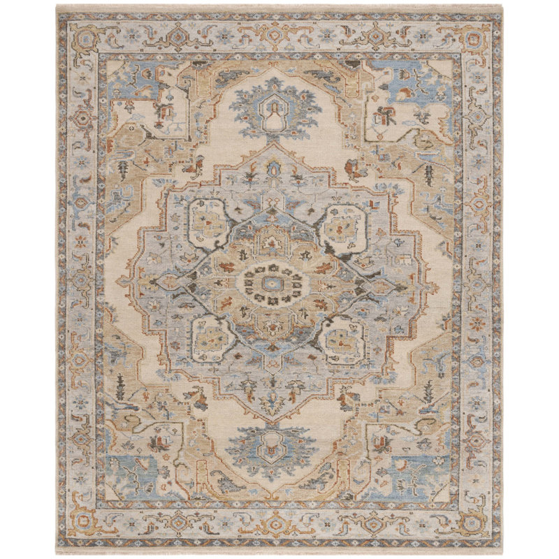 Rectangle Oriental Hand-Knotted Wool/Cotton Area Rug in Beige/Gray/Brown, Rectangle 9' x 12'