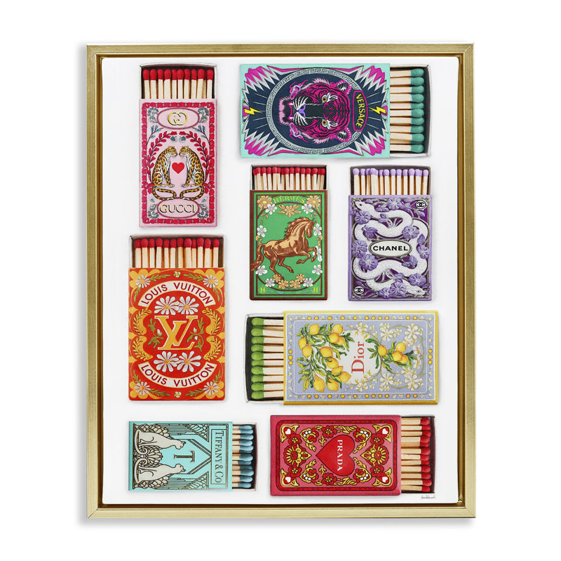 Toile flottante encadrée Iconic Fashion Brands Matchboxes, design par Amanda Greenwood, H 21 po x l 17 po