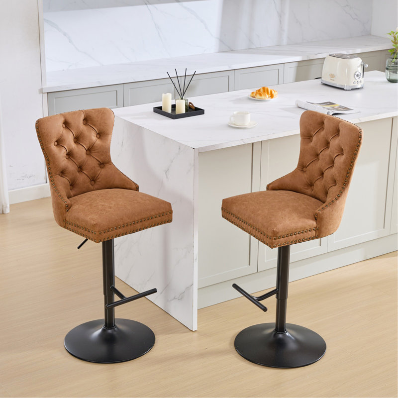 Aged And Retro PU Swivel Barstools Adjusatble Seat Height From 26-33 Inch, Modern Bar Stools With Backs Comfortable Tufted For Home Pub And Kitchen Island (Set Of 2)