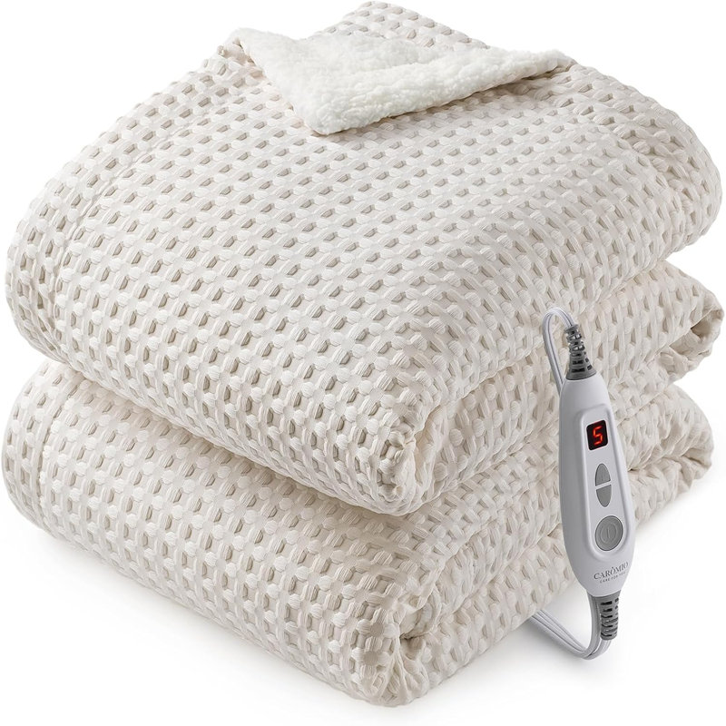 Couverture chauffante beige à tissage gaufré 90 x 100 pouces, Beige