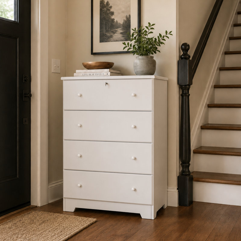 Commode 4 tiroirs en bois massif Raiqa, Blanc