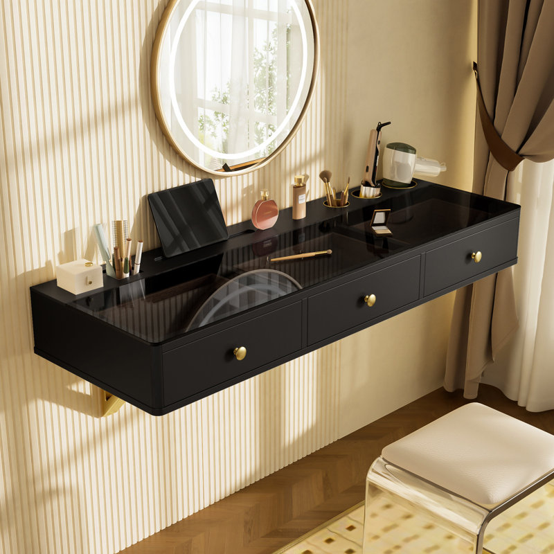 Tablette flottante 47 po avec tiroir, coiffeuse murale polyvalente, bureau, table flottante pour chambre à coucher, salle de bain, coiffeurs, noir et doré