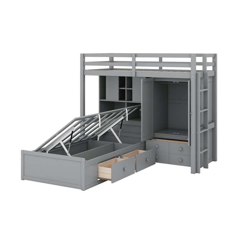 Lit superposé simple avec tiroirs, garde-robe, tablettes et hydraulique, Gris