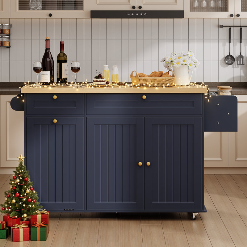 Îlot de cuisine l 60,2 po Jamera avec deux grands armoires de rangement et tiroirs, roues verrouillables, Chêne / bleu