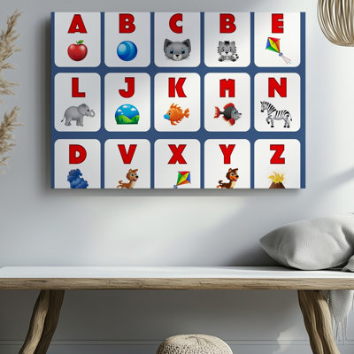 Toile, tableau d'alphabet éducatif vibrant présentant une grille de carrés, art mural orné d'une lettre et d'une illustration ludique