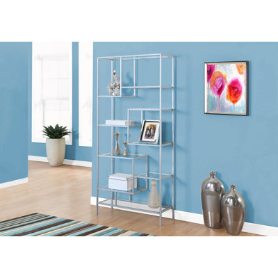Contemporary Clear Tempered Glass and Metal Etagere Bookcase, 72 Inch High, Perfect for Office and Bedroom