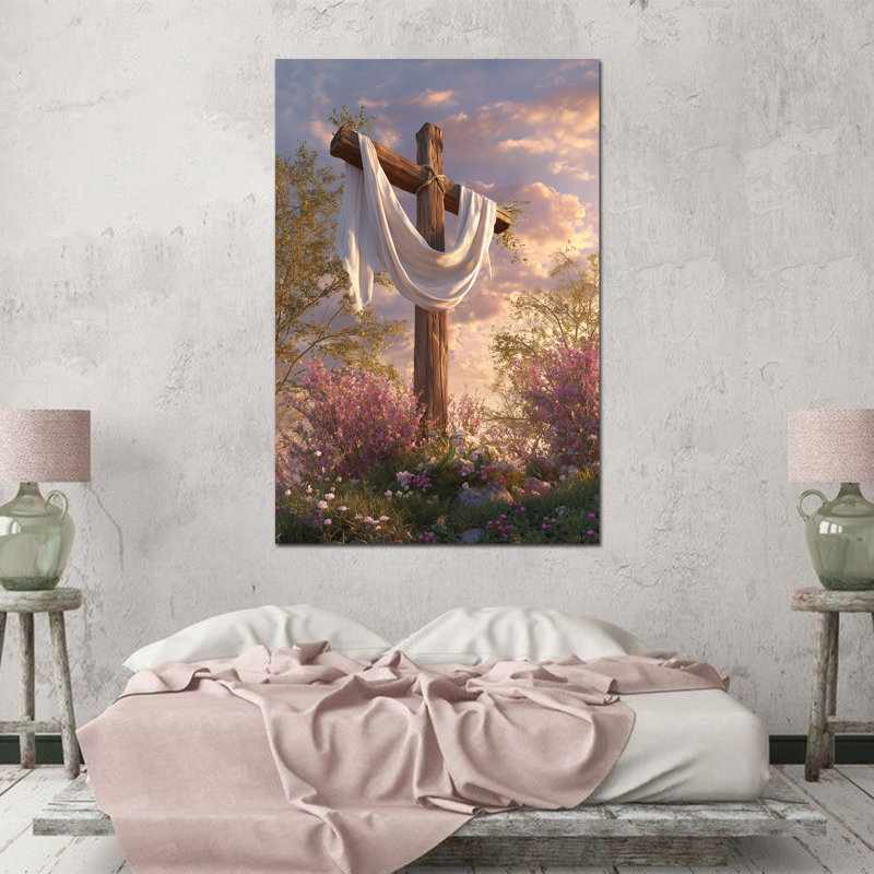  Grand art mural de Pâques - toile de printemps, décoration murale, œuvre d'art religieuse chrétienne pour la maison, peinture tendue avec cadre en pin, 28 po x 40 po