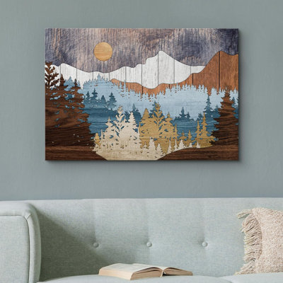 «Western Wood Effect Landscape Abstract Mountain Farmhouse Cabin», impression sur toile encadrée