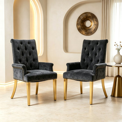 Chaise de salle à manger rembourrée avec accoudoirs, fauteuil d'appoint capitonné à dossier haut, chaise de salle à manger en tissu chenille avec garniture cloutée, coussin à ressorts ensachés et pieds en acier inoxydable doré poli, lot de 2, noir