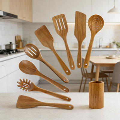 9-Piece Acacia Wooden Utensil Set With Holder - Non-Toxic Cooking Spoons, Spatulas, Turner, And Scraper For Kitchen