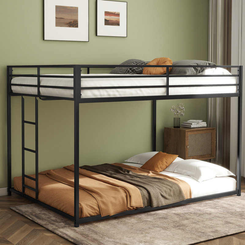 Black Full Over Metal Bunk Bed For Young Adults, Low Profile Design, Space - Saving, Easy Ascent, Guardrails Protection In Metal, Ideal Bedroom Decor, Climbing , Length Guardrails, Strong Framework