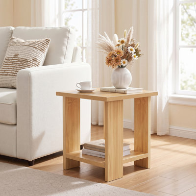 Small Square End Table with 2-Tier Storage Shelf, Modern Wood Side Table Nightstand for Living Room Bedside Sofa, Compact Accent Telephone Table