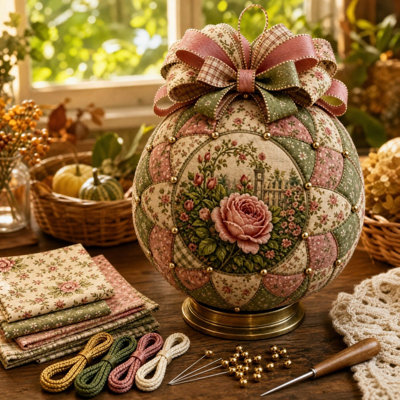 Calendrier d'arrivée Boule en tissu rustique vintage à faire soi-même, kit fait main, patchwork floral, boule décorative, trousse de matériel, décoration à suspendre pour la maison