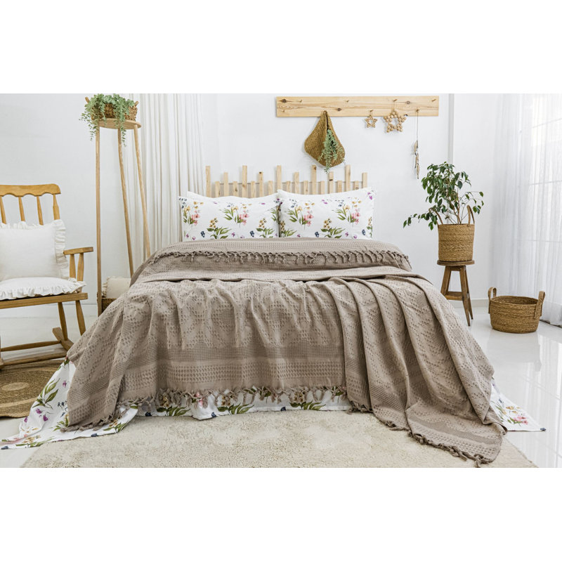 Ensemble luxueux double piqué, 100% coton, beige | Comprend un piqué 86,6 x 94,5 po, un drap plat 94,5 x 102,4 po et des taies d'oreiller 19,7 x 27,6 po (2 pièces) | Doux, durable, lavable à la machine, parfait pour une literie élégante