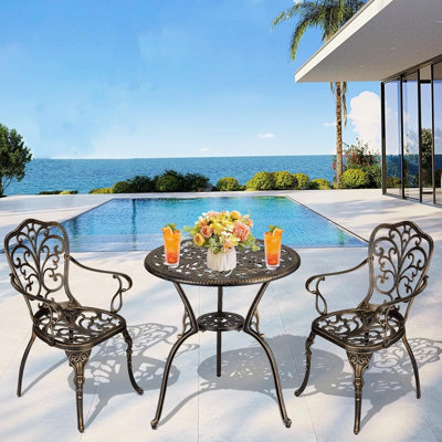 3 Piece Bistro Set, Outdoor Rust-Resistant Cast Aluminum Bistro Table and Chairs Set of 2, All Weather Patio Bistro Set with Umbrella Hole for Backyar