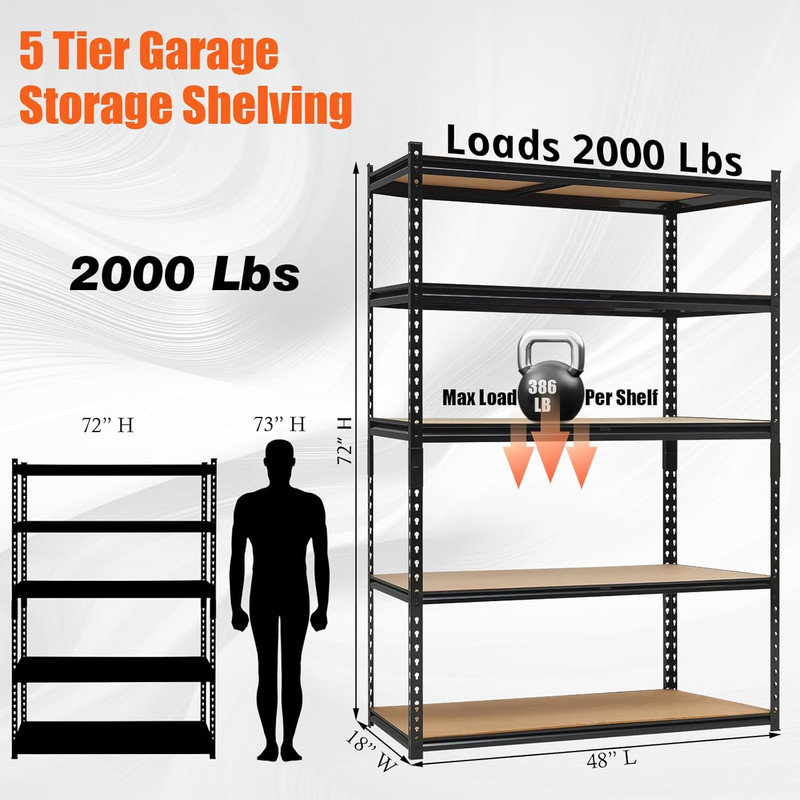 Étagère de garage robuste à 5 niveaux, support de rangement réglable d'une capacité de 2 000 lb, tablette utilitaire en métal