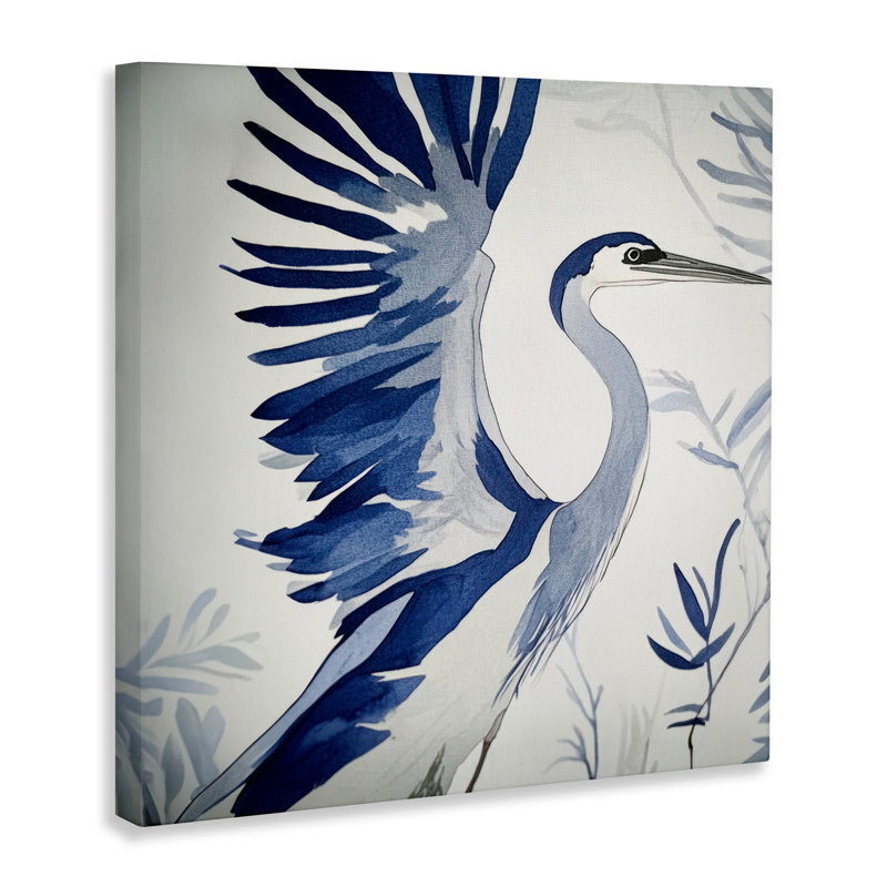 Héron bleu dans une toile aux tons froids, design par Mona Grace, H 17 po x l 17 po