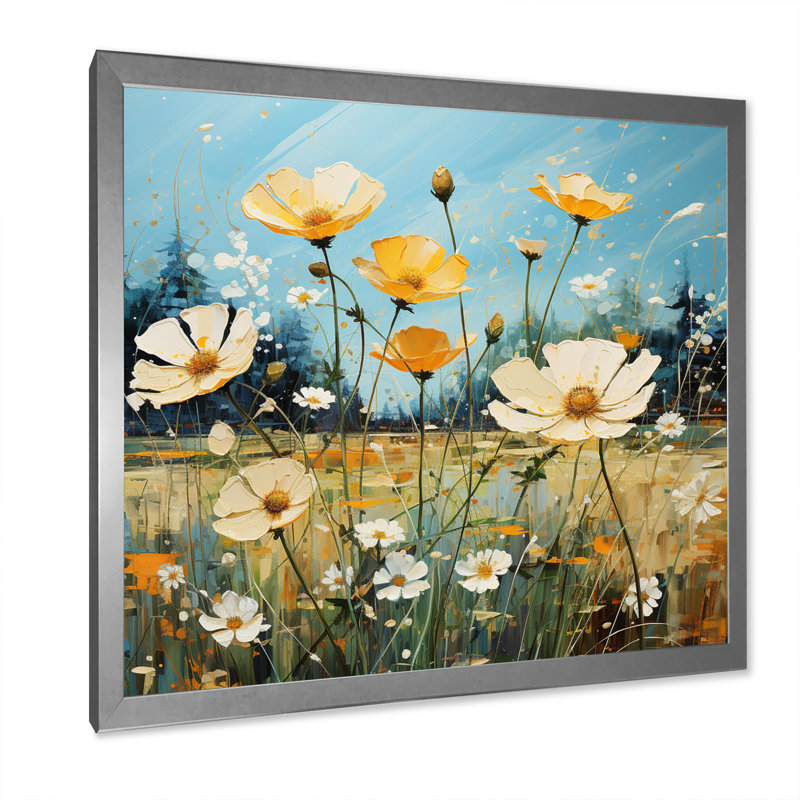 Bouton d'or jaune et bleu, Cadre simple argenté, H 36 po x l 36 po