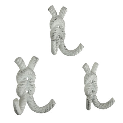 Crochets muraux d'entrée de style bord de mer en fonte, motif nœud de corde, blanc antique, lot de 3, hauteur 10 cm