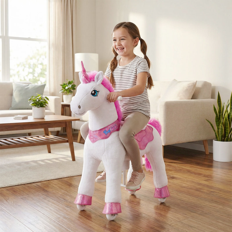 Model E Ride On Unicorn, Rose, H 35,4 po x l 15,7 po x P 33,1 po