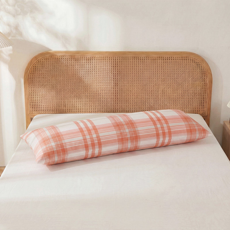 100% Cotton Body Pillow Cover, 20 x 54, Washed Cotton Coral Plaid Pillowcase, Soft Breathable Pillow Cover for Bed