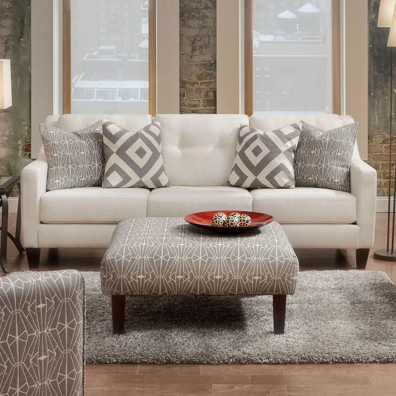 Repose-pieds carré de style contemporain avec motif triangulaire avec coussin en mousse haute densité et finition neutre