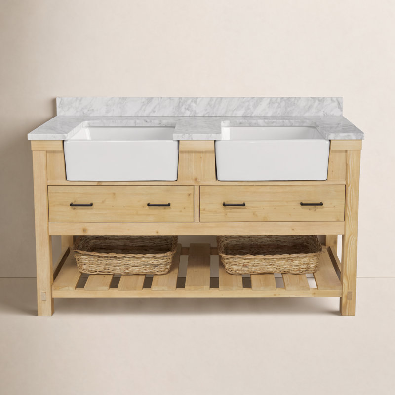 Ensemble de meuble-lavabo double 60 po Hitton, Carrara d'ingénierie, Bois flotté