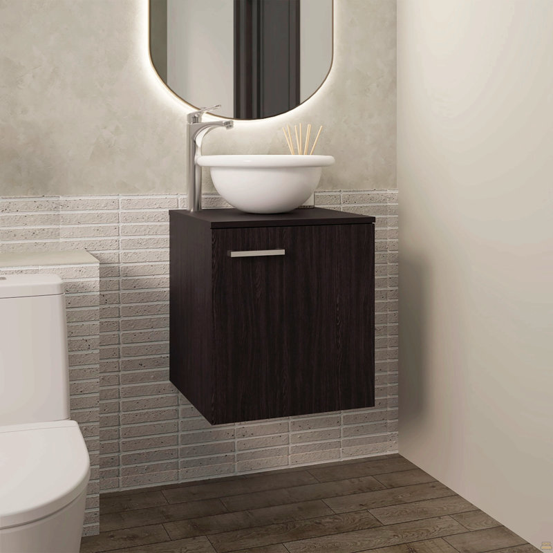 Meuble-lavabo flottant à une porte Clyde, avec lavabo vasque et une tablette