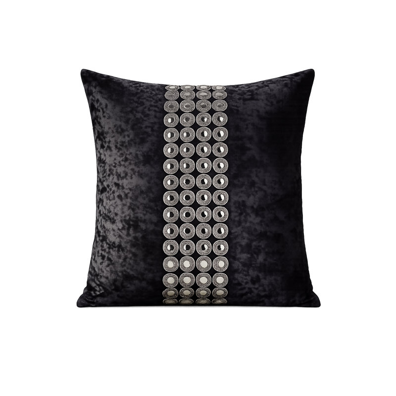 Coussin en velours noir avec boutons argentés, Noir - argent