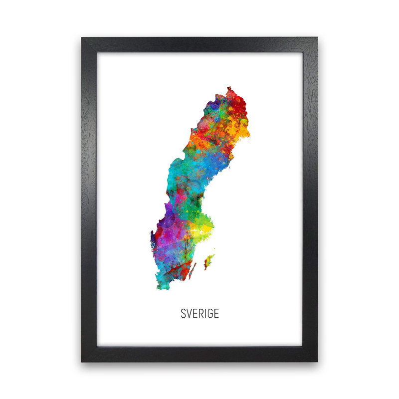 Sverige Watercolour Map by Michael Tompsett - Print, Black Framed, 34cm H x 25cm W x 3cm D