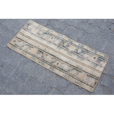 Vintage Turkish Patchwork Rug Compact Antique Wool Mat for Bathroom - Brown Modern Minimalist Design