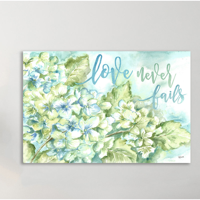 « aquarelle hortensias : love never unechec », reproduction de peinture à l’aquarelle sur toile tendue, 40 po x 60 po