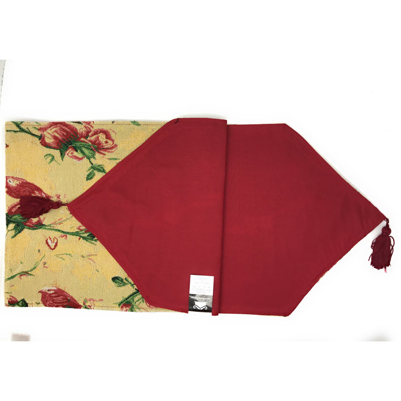 Red Roses And Birds Golden Floral Table Runner, 54" L x 13" W