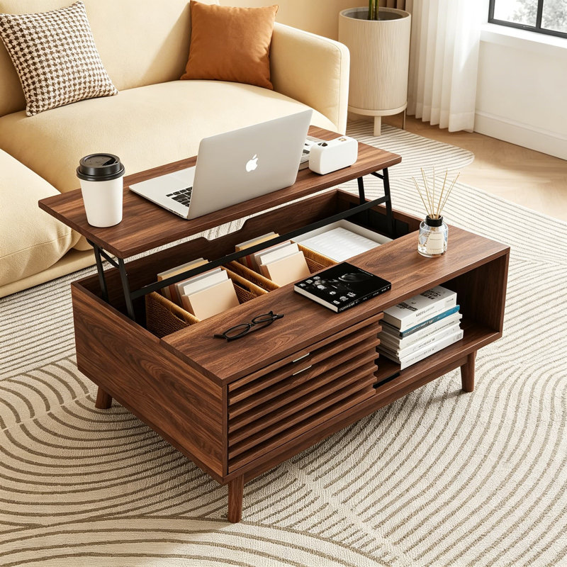 Lift Top Coffee Table with Storage, Mid Century Modern 35.4'' Walnut Coffee Table Sliding Barn Door, Hidden Compartment, Scratch-Resistant Surface, Brown
