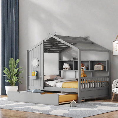 House Style Bed With Trundle And Shelves, Daybed With Roof by Harper Orchard