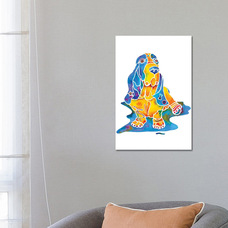 «Berry Bassett Hound Dog on Base» par Jo Lynch - peinture sur toile tendue, H 26 po x l 18 po x 1,5 po