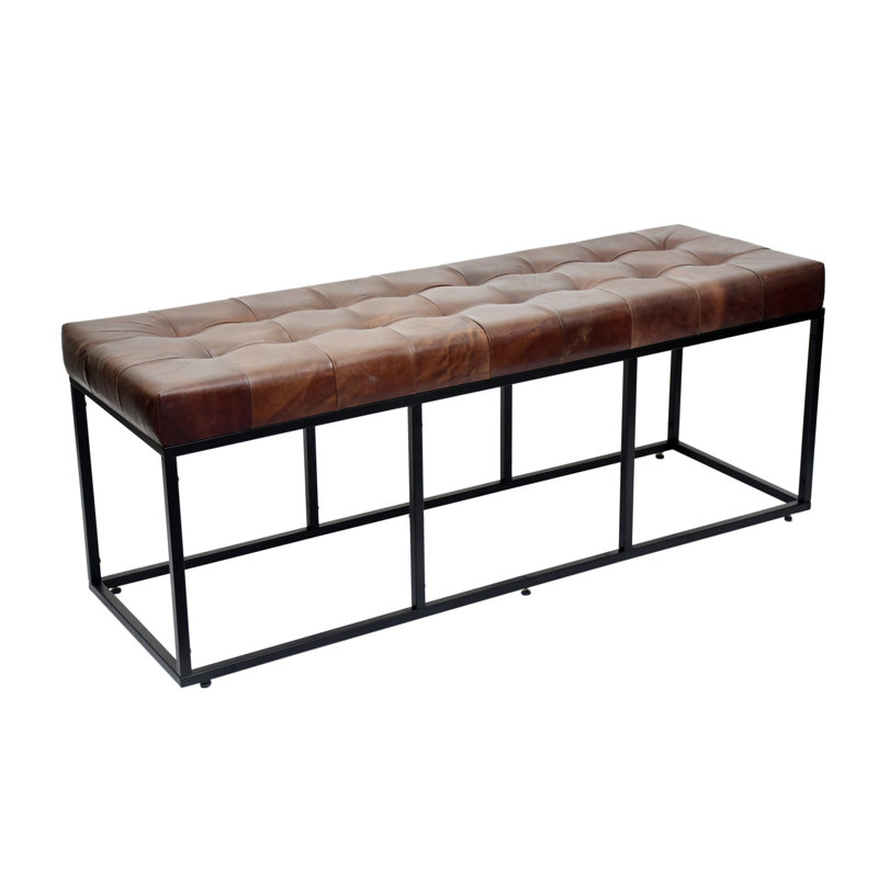 Banc avec cadre industriel en cuir et métal, Brun