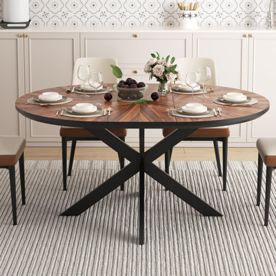 Extendable Round Dining Table – Modern Walnut Solid Wood Tabletop With Metal Frame, Seats 4–6