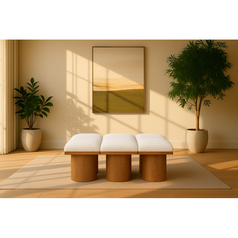 Banc rembourré Horatia, Tissu crème bouclé, Noyer brun, H 17,5 po x l 46,5 po x P 36 po