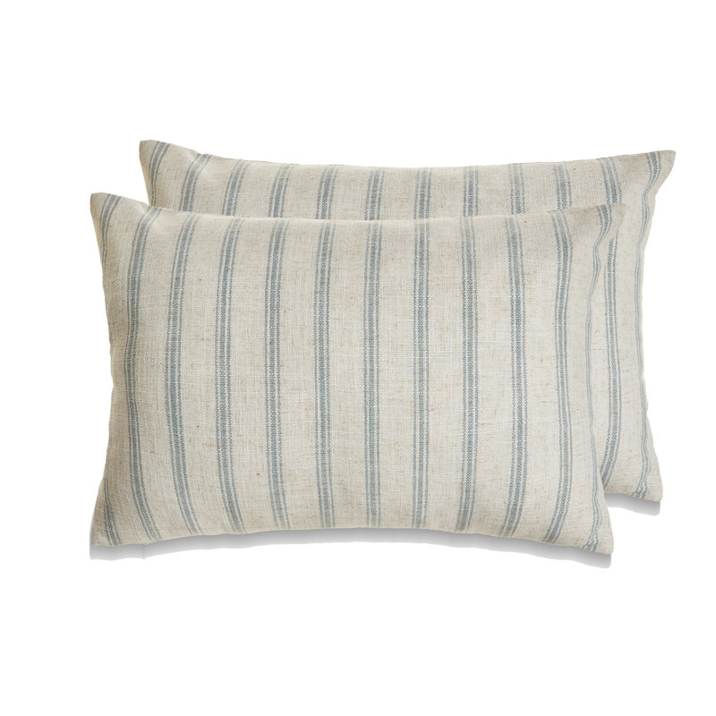  Coussin décoratif en lin rayé réversible, Polyester, Bleu, 16 po x 24 po