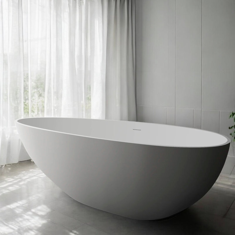 59" X 30.75" Solid Surface Stone Resin Freestanding Soaking Bathtub, Matte White