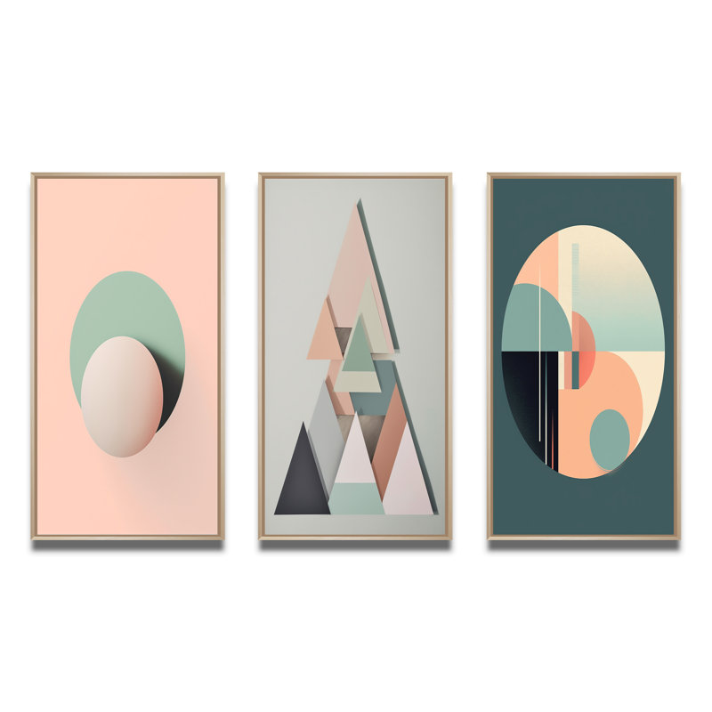 «Geometric Dreaming Retro Minimalisme en rose II», 3 pièces sur toile, Cadre naturel flottant, H 20 po x l 36 po