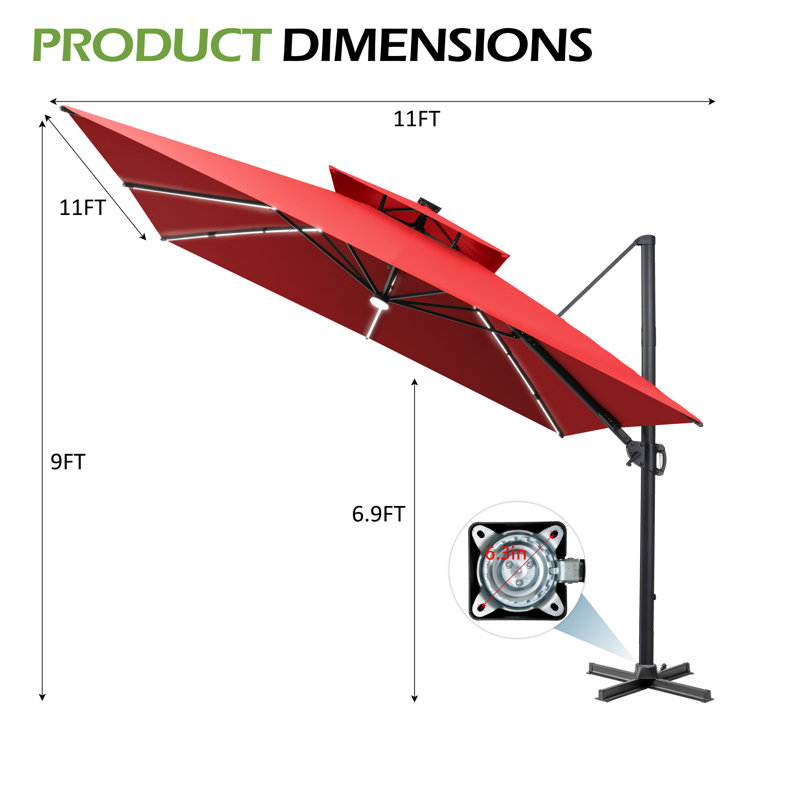 Parasol de patio en porte-à-faux à DEL 128 po x 128 po, Rouge
